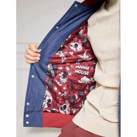 NEW Disney Animation Denim Varsity Jacket Men XL Embroidered Logo Cartoon Lined